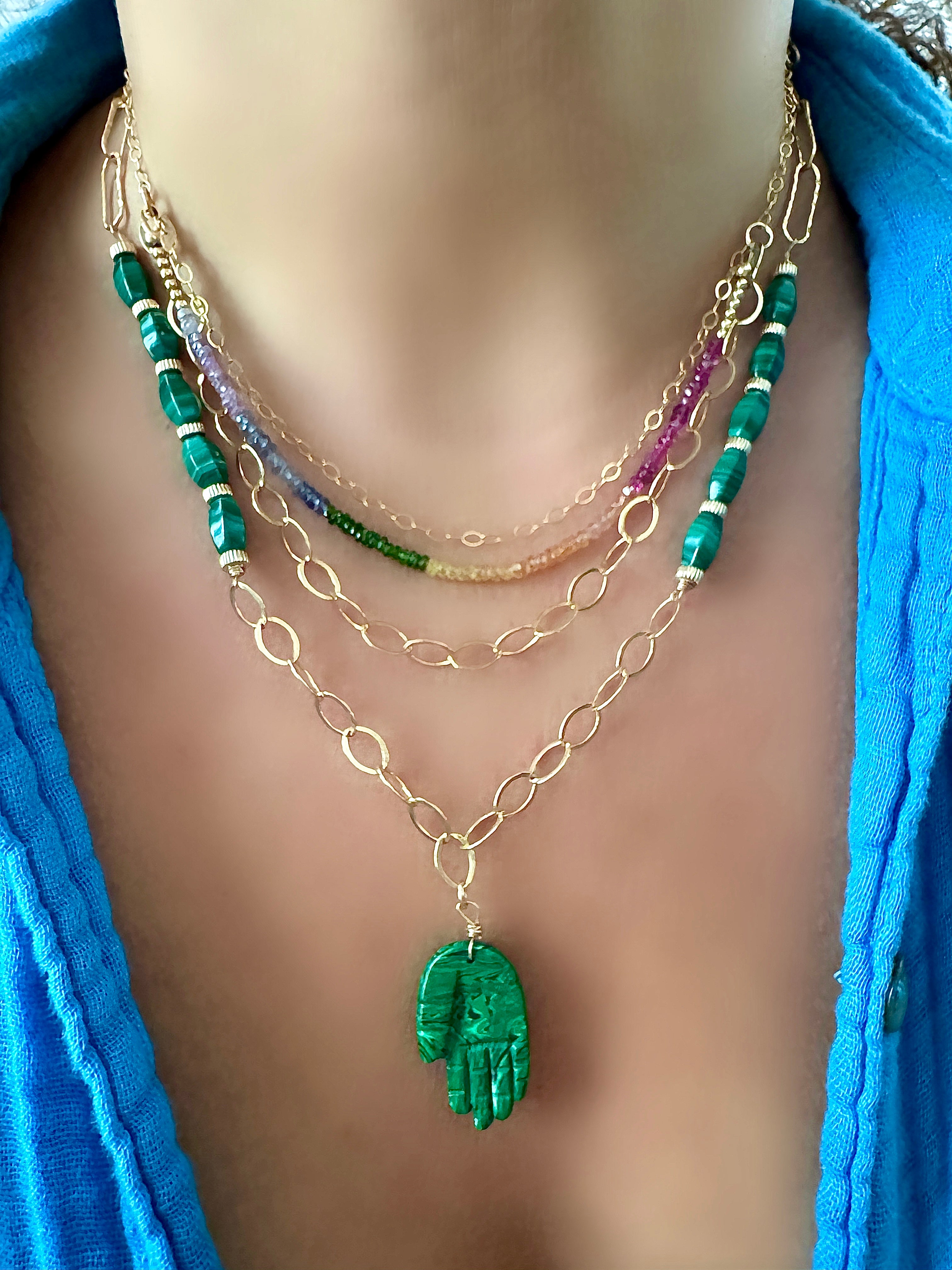 Hand crafted buy 22.5 inch Azurite Malachite, 14Kt Gold filled and Copper Bead Necklace with Brass S Hook Clasp